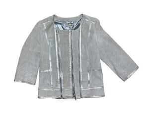 Kookai Suede Jacket Gray Size 38 Metallic Silver Trim Collarless Zip Front Moto